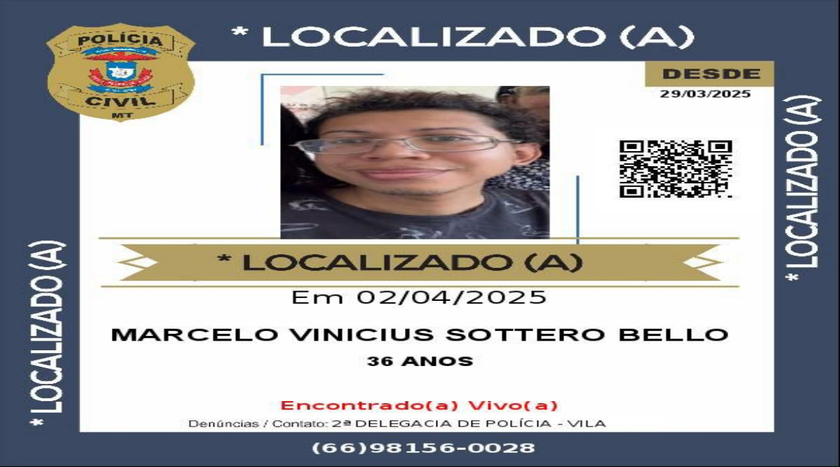 Polícia Civil localiza homem de 36 anos que estava desaparecido em Rondonópolis 1