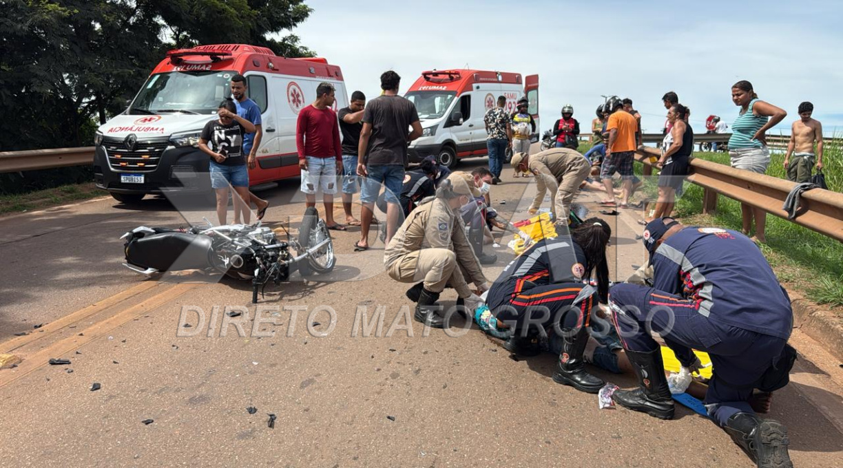 Colisão entre três motos sobre o viaduto em Rondonópolis resulta em quatro pessoas feridas 1