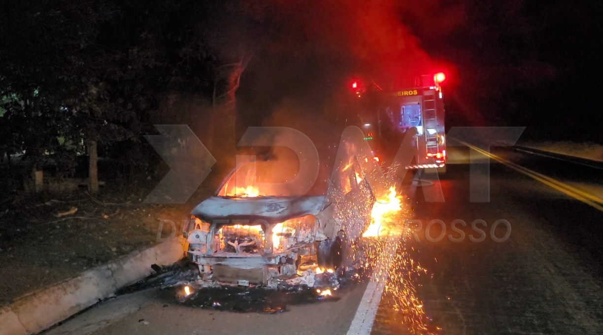 Carro fica completamente destruído após pegar fogo na BR-364 em Rondonópolis 1