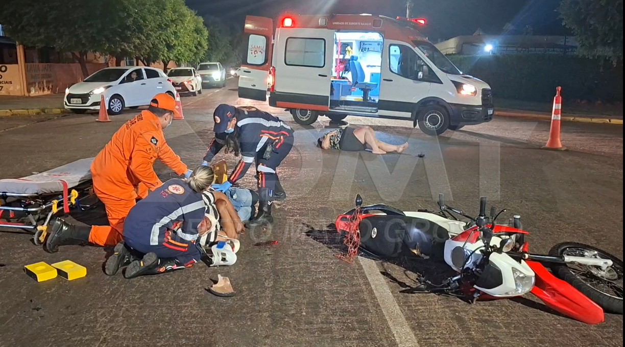 Casal fica ferido após a moto em que estava colidir violentamente contra caminhonete no Jardim Mato Grosso 1