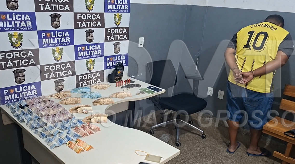 Força Tática prende em Rondonópolis, individuo com quase dez mil reais, arma de fogo, munições e droga 1 Força Tática prende em Rondonópolis, individuo com quase dez mil reais, arma de fogo, munições e droga 1