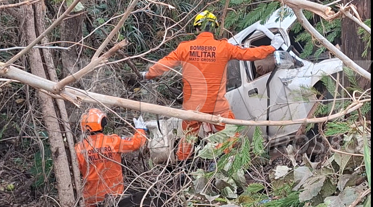 Após perda de controle de caminhonete, saida de pista e queda em ribanceira, motorita morre preso em ferragens na BR-364, em Pedra Preta 1 Após perda de controle de caminhonete, saida de pista e queda em ribanceira, motorita morre preso em ferragens na BR-364, em Pedra Preta 1